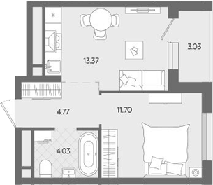 Планировка 1-к.кв, 36,9 м² в ЖК Бодровский