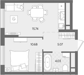 Планировка 2Е-к.кв, 35,52 м² в ЖК Бодровский