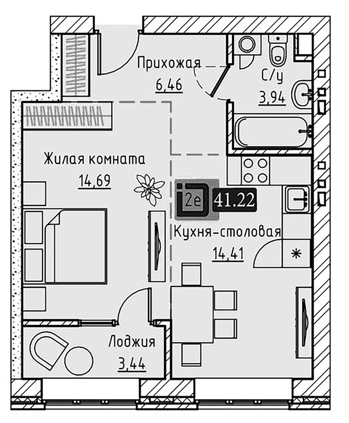 Планировка 2Е-к.кв, 41,22 м² в ЖК Брик Хаус