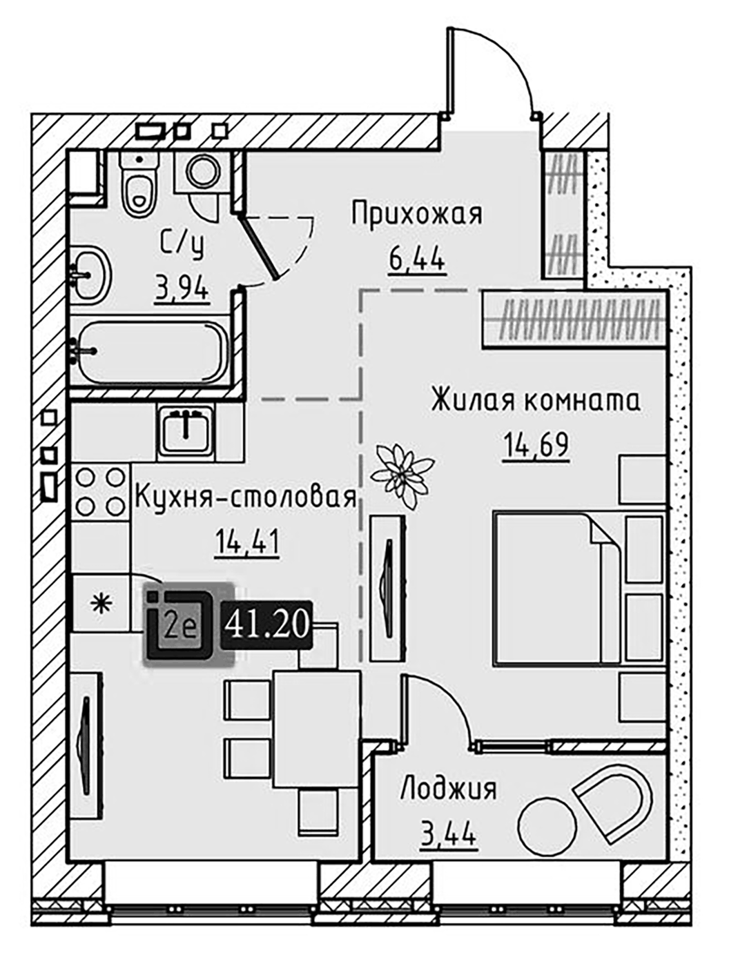 Планировка 2Е-к.кв, 41,2 м² в ЖК Брик Хаус
