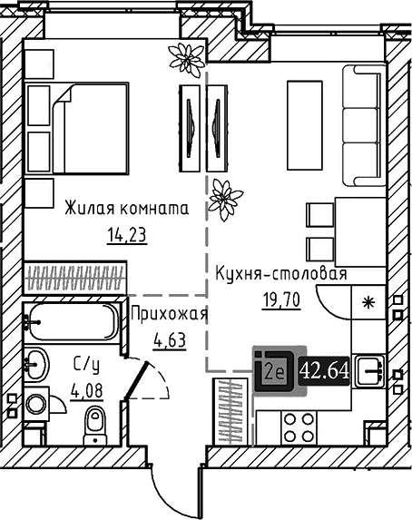 Планировка 2Е-к.кв, 42,64 м² в ЖК Брик Хаус