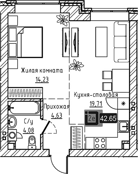 Планировка 2Е-к.кв, 42,65 м² в ЖК Брик Хаус