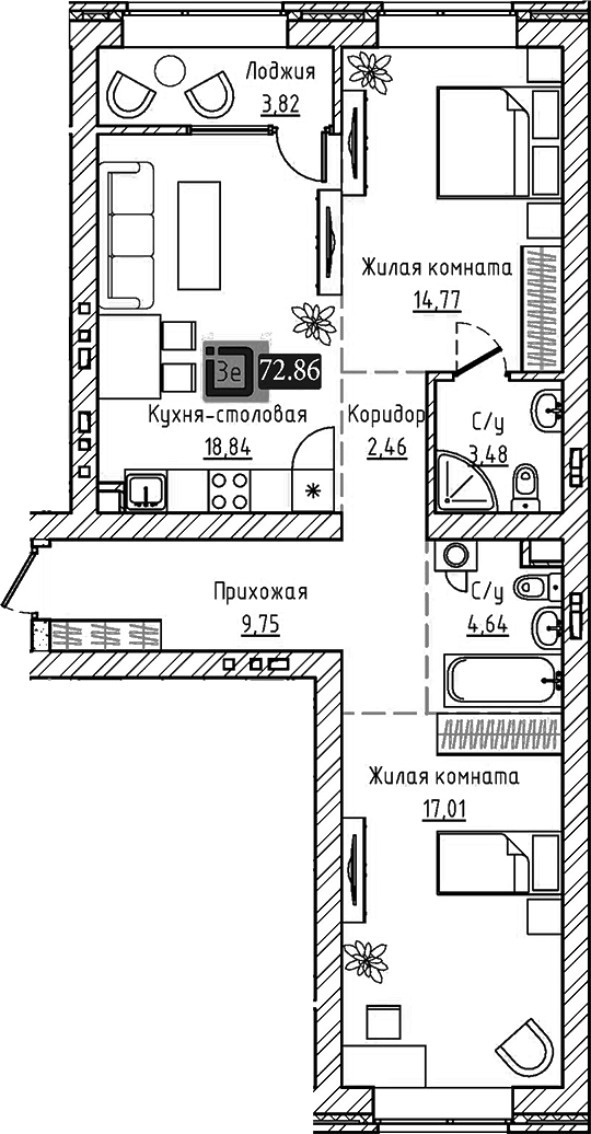 Планировка 3Е-к, 72,86 м² в ЖК Брик Хаус