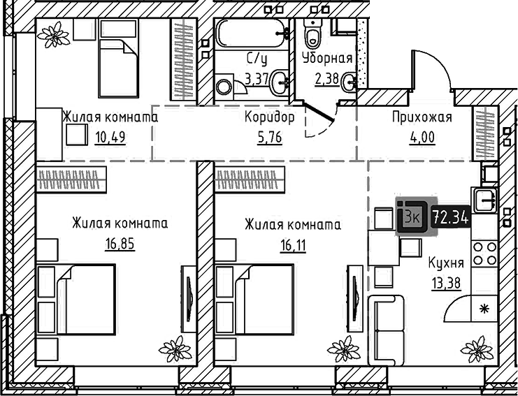 Планировка 3-к, 72,34 м² в ЖК Брик Хаус