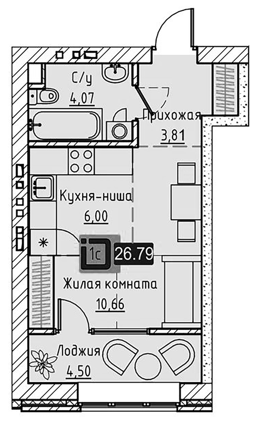 Планировка Студия, 26,79 м² в ЖК Брик Хаус