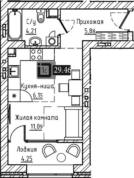 Планировка Студия, 29,46 м² в ЖК Брик Хаус