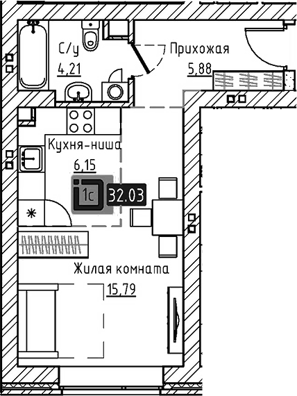 Планировка Студия, 32,03 м² в ЖК Брик Хаус