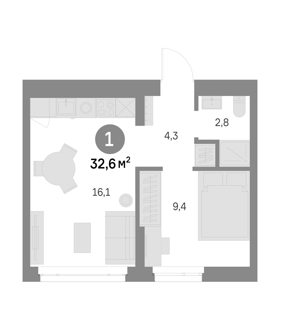 Планировка 2Е-к.кв, 32.6 м² в ЖК Брусника в Академическом