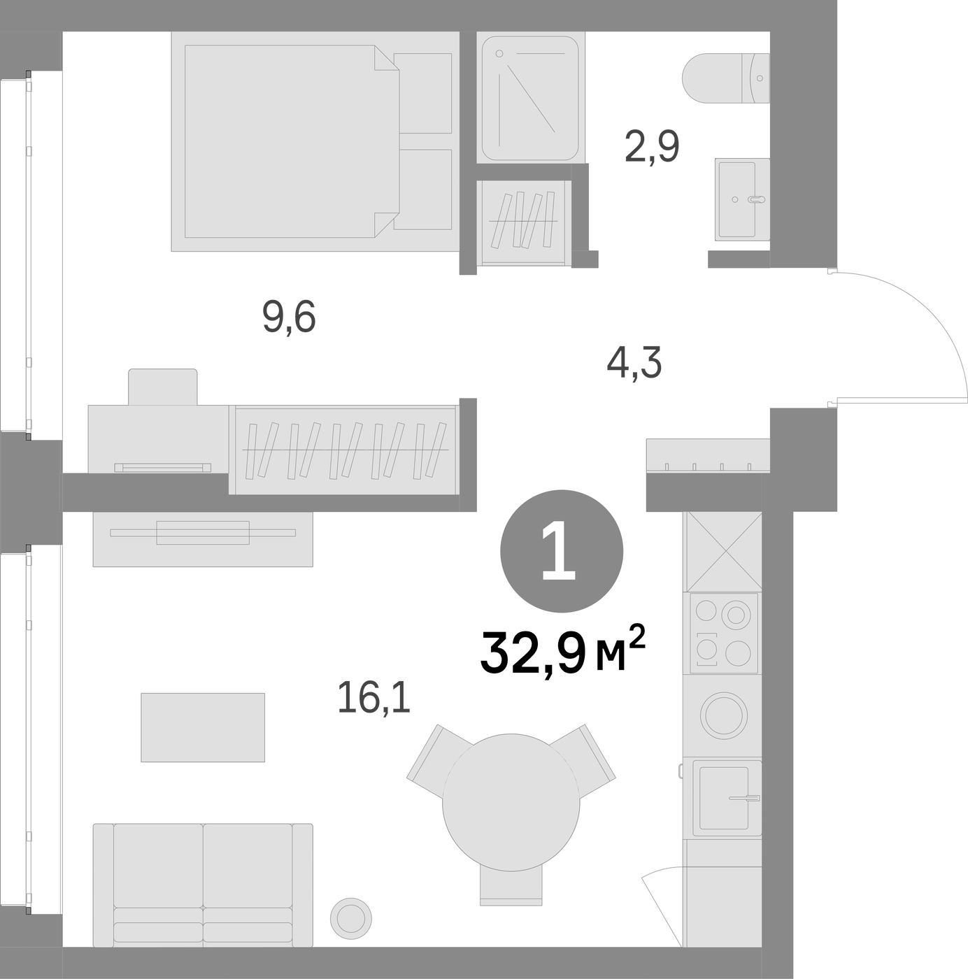 Планировка 2Е-к.кв, 32.9 м² в ЖК Брусника в Академическом