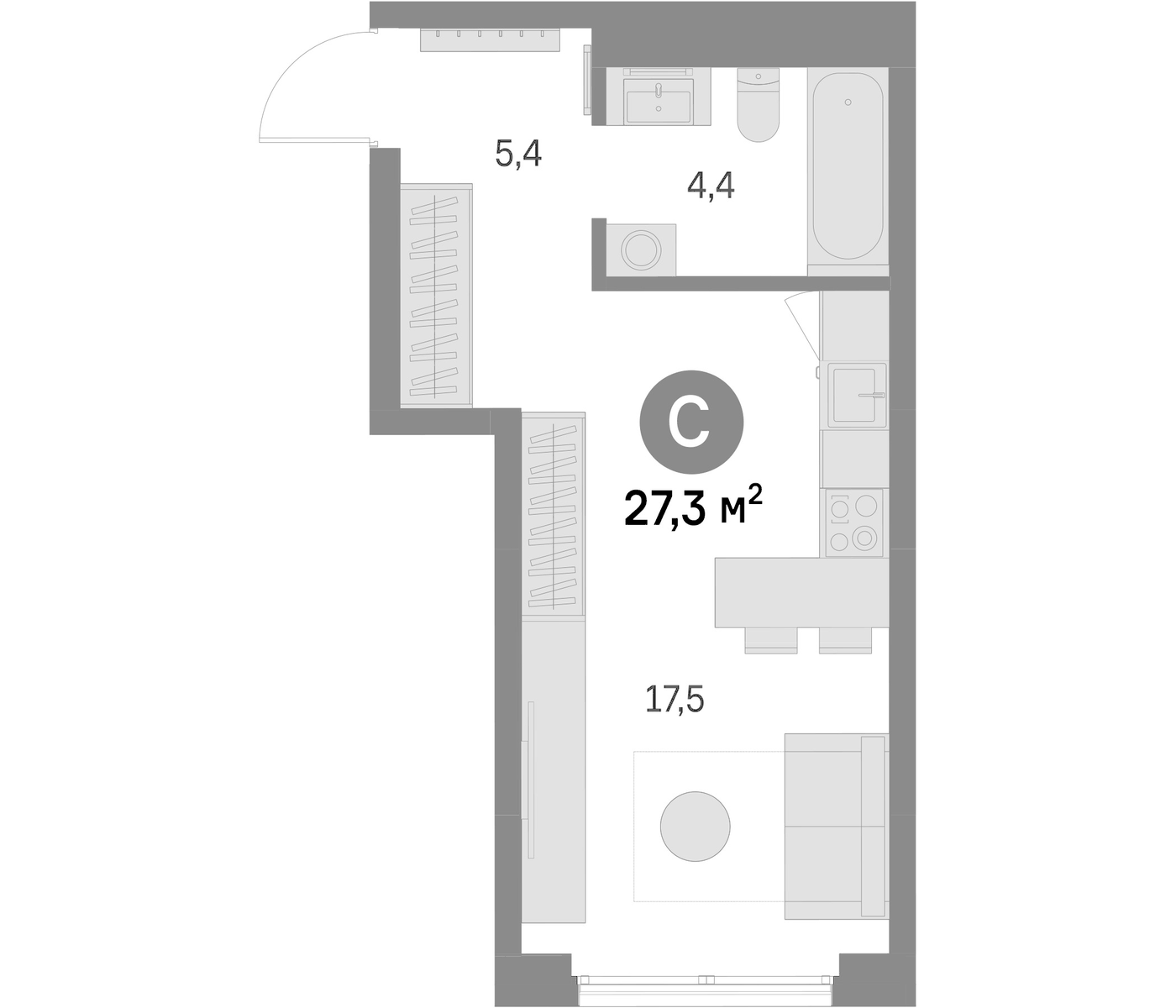 Планировка Студия, 27.3 м² в ЖК Брусника в Академическом