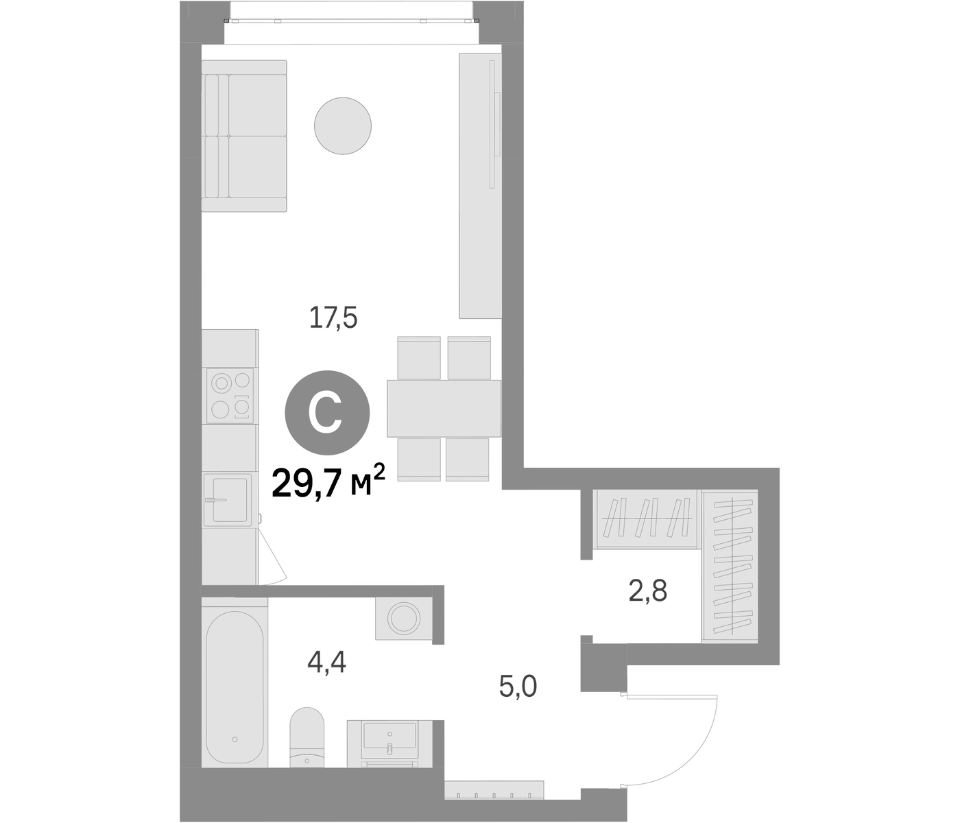 Планировка Студия, 29.8 м² в ЖК Брусника в Академическом