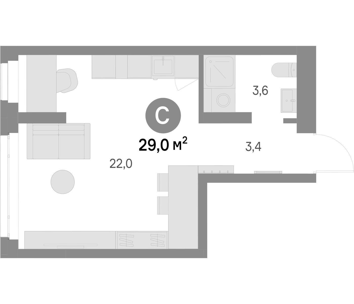 Планировка Студия, 29 м² в ЖК Брусника в Академическом