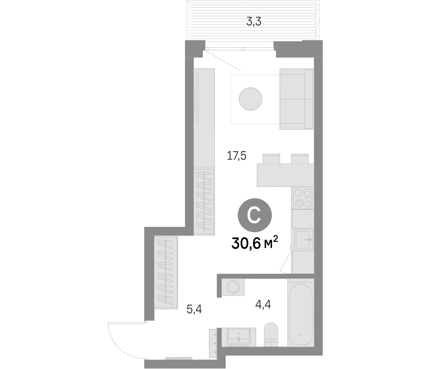 Планировка Студия, 30.6 м² в ЖК Брусника в Академическом