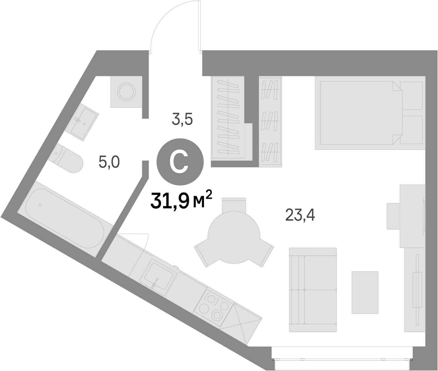 Планировка Студия, 31.9 м² в ЖК Брусника в Академическом