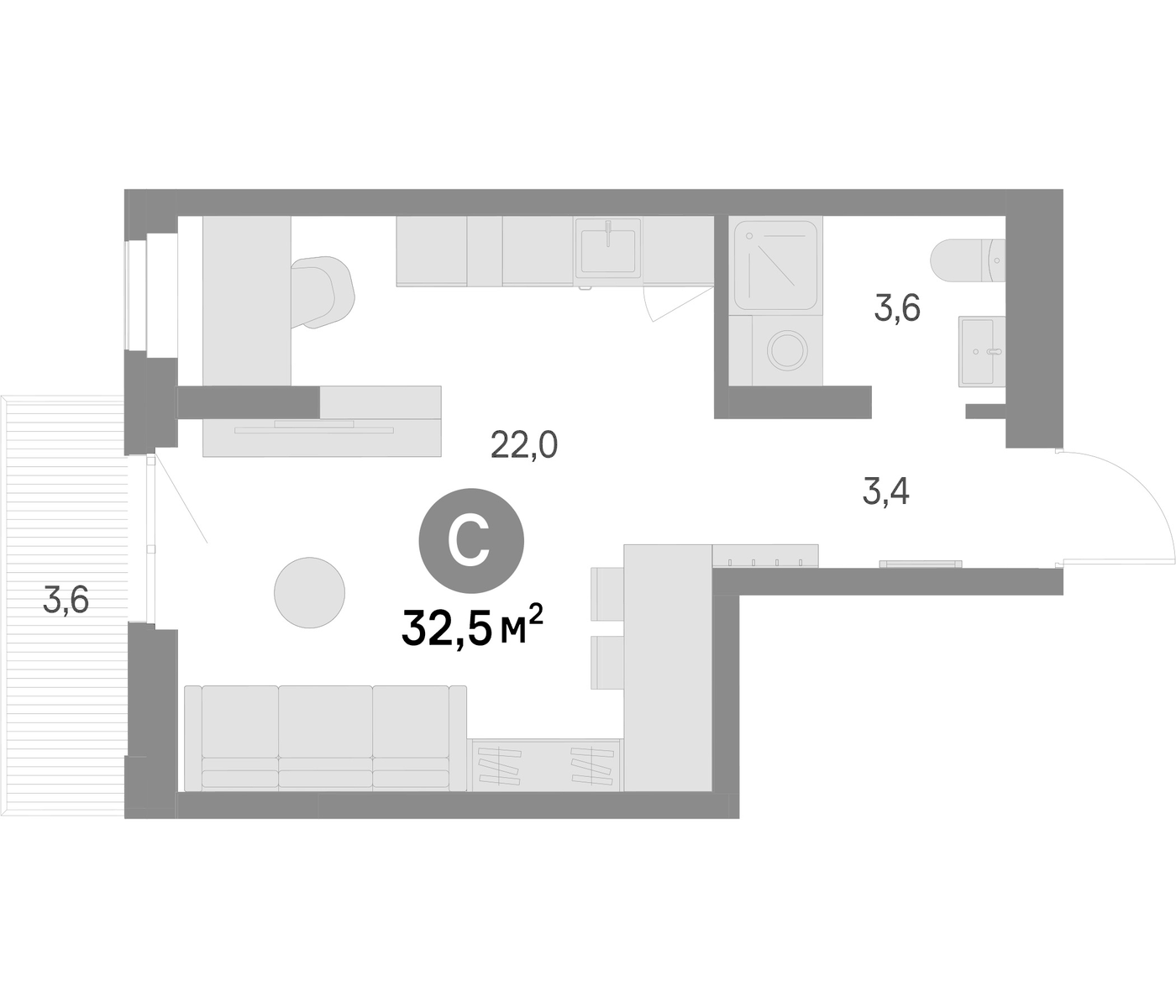 Планировка Студия, 32.5 м² в ЖК Брусника в Академическом