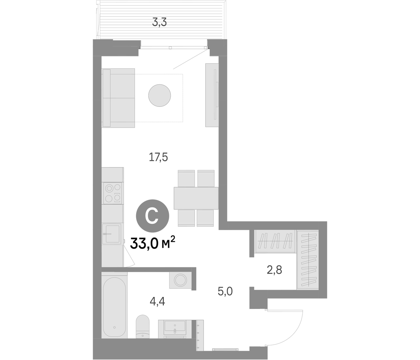 Планировка Студия, 33 м² в ЖК Брусника в Академическом