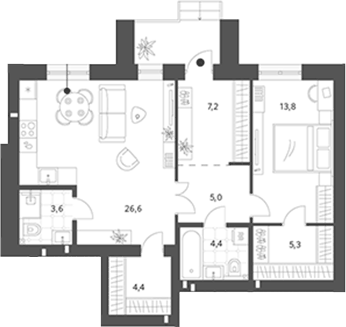 Планировка 1-к.кв, 70,27 м² в ЖК Брусницын-парк
