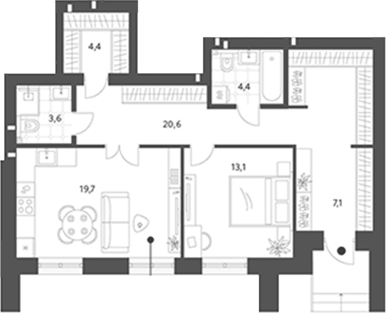 Планировка 1-к.кв, 72,88 м² в ЖК Брусницын-парк