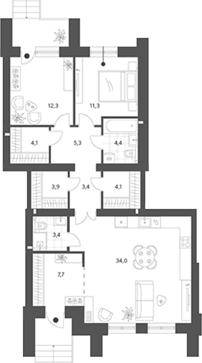 Планировка 1-к.кв, 93,9 м² в ЖК Брусницын-парк