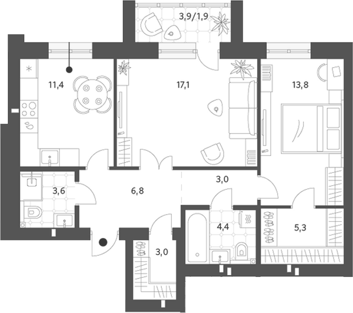 Планировка 2-к.кв, 70,42 м² в ЖК Брусницын-парк
