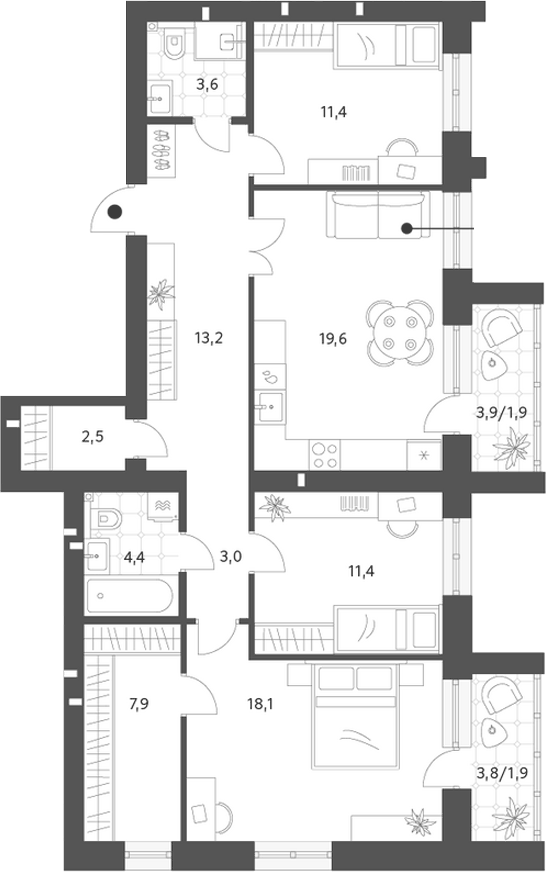 Планировка 3-к.кв, 98,8 м² в ЖК Брусницын-парк
