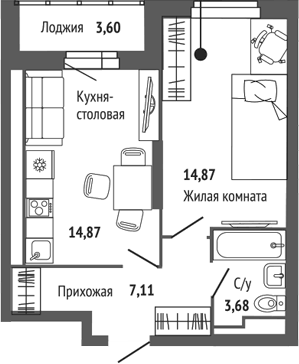 Планировка 1-к.кв, 42,28 м² в ЖК Центральный
