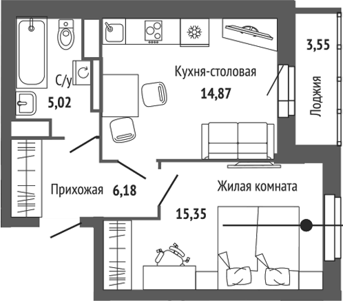 Планировка 1-к.кв, 43,15 м² в ЖК Центральный