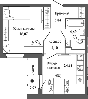Планировка 1-к.кв, 46,35 м² в ЖК Центральный