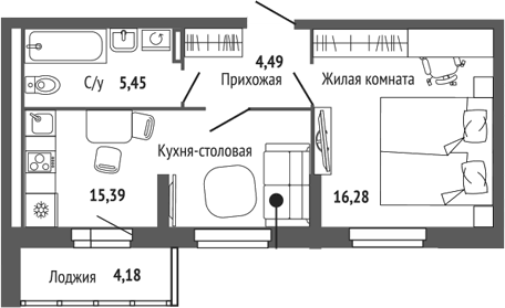 Планировка 2Е-к.кв, 43,7 м² в ЖК Центральный