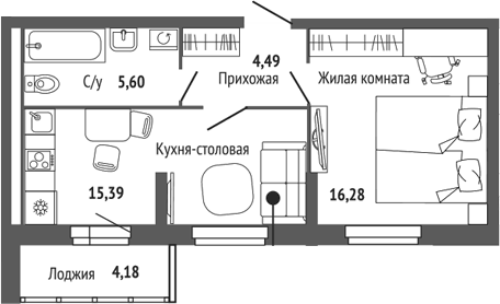 Планировка 2Е-к.кв, 43,85 м² в ЖК Центральный