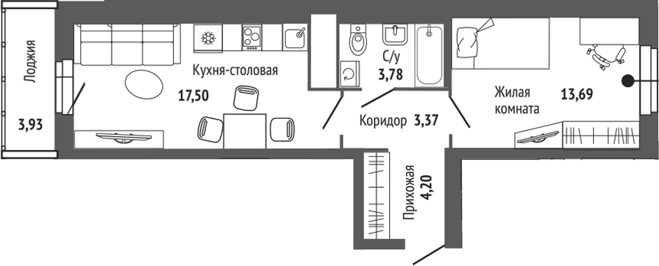 Планировка 2Е-к.кв, 44,77 м² в ЖК Центральный