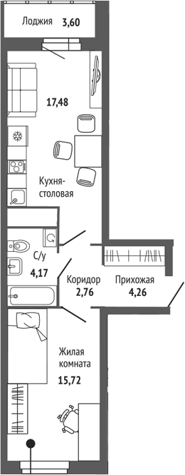 Планировка 2Е-к.кв, 46,21 м² в ЖК Центральный