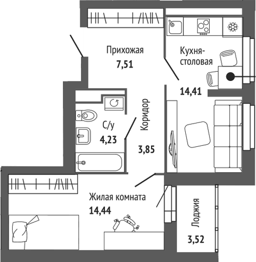 Планировка 2Е-к.кв, 46,23 м² в ЖК Центральный