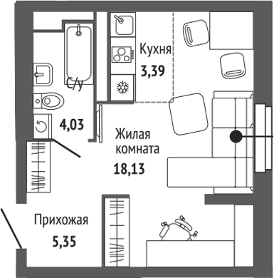 Планировка Студия, 30,76 м² в ЖК Центральный