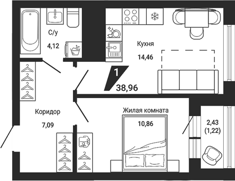Планировка 2Е-к.кв, 37,98 м² в ЖК Чаадаев