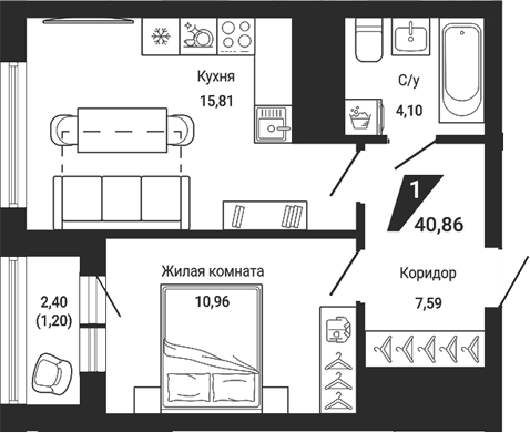Планировка 2Е-к.кв, 39,66 м² в ЖК Чаадаев