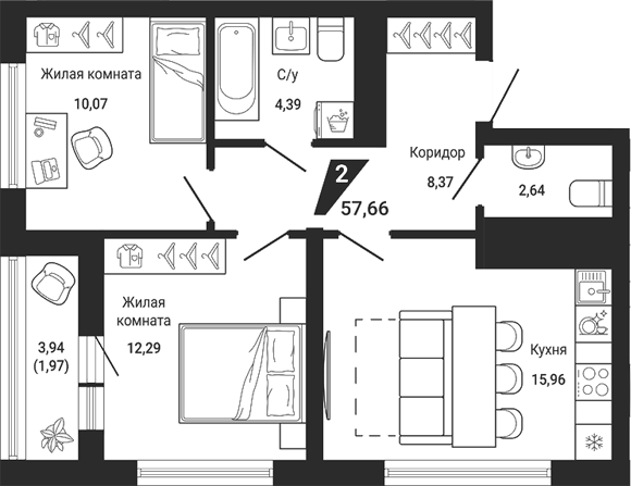 Планировка 3Е-к.кв, 54,94 м² в ЖК Чаадаев