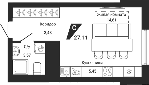 Планировка Студия, 26,93 м² в ЖК Чаадаев
