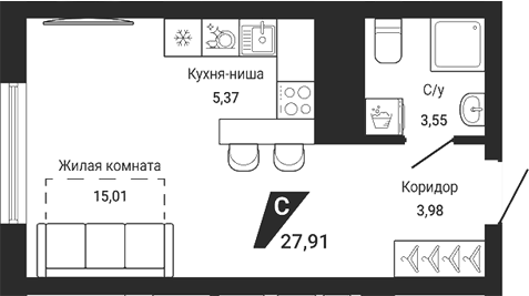 Планировка Студия, 27,91 м² в ЖК Чаадаев