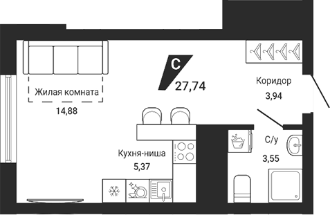 Планировка Студия, 28,2 м² в ЖК Чаадаев