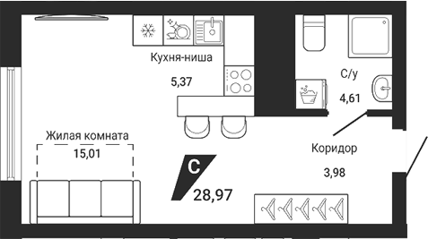 Планировка Студия, 28,97 м² в ЖК Чаадаев