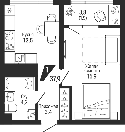 Планировка 1-к.кв, 37,9 м² в ЖК Чкаловский парк