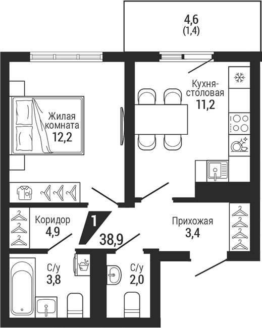 Планировка 1-к.кв, 38,9 м² в ЖК Чкаловский парк