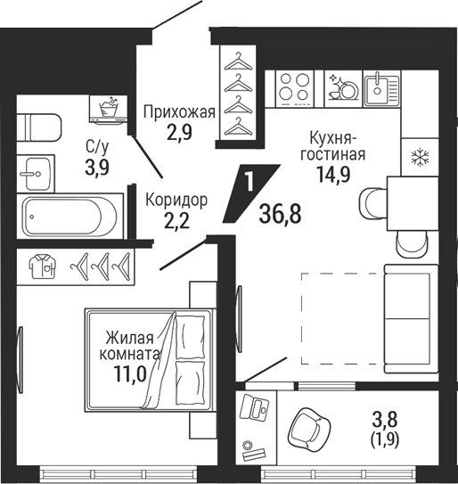 Планировка 2Е-к.кв, 36,8 м² в ЖК Чкаловский парк