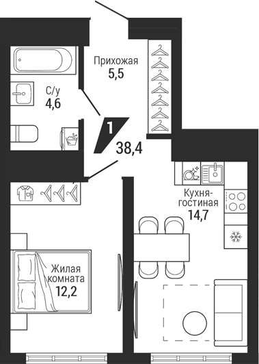 Планировка 2Е-к.кв, 38,4 м² в ЖК Чкаловский парк