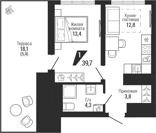 Планировка 2Е-к.кв, 39,7 м² в ЖК Чкаловский парк