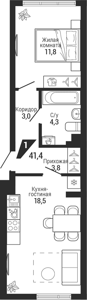 Планировка 2Е-к.кв, 41,4 м² в ЖК Чкаловский парк