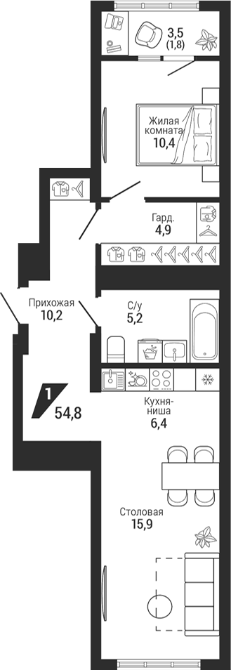 Планировка 2Е-к.кв, 54,8 м² в ЖК Чкаловский парк
