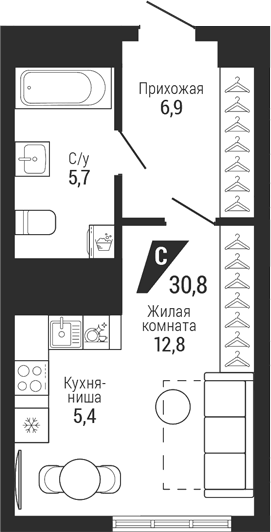 Планировка Студия, 30,8 м² в ЖК Чкаловский парк