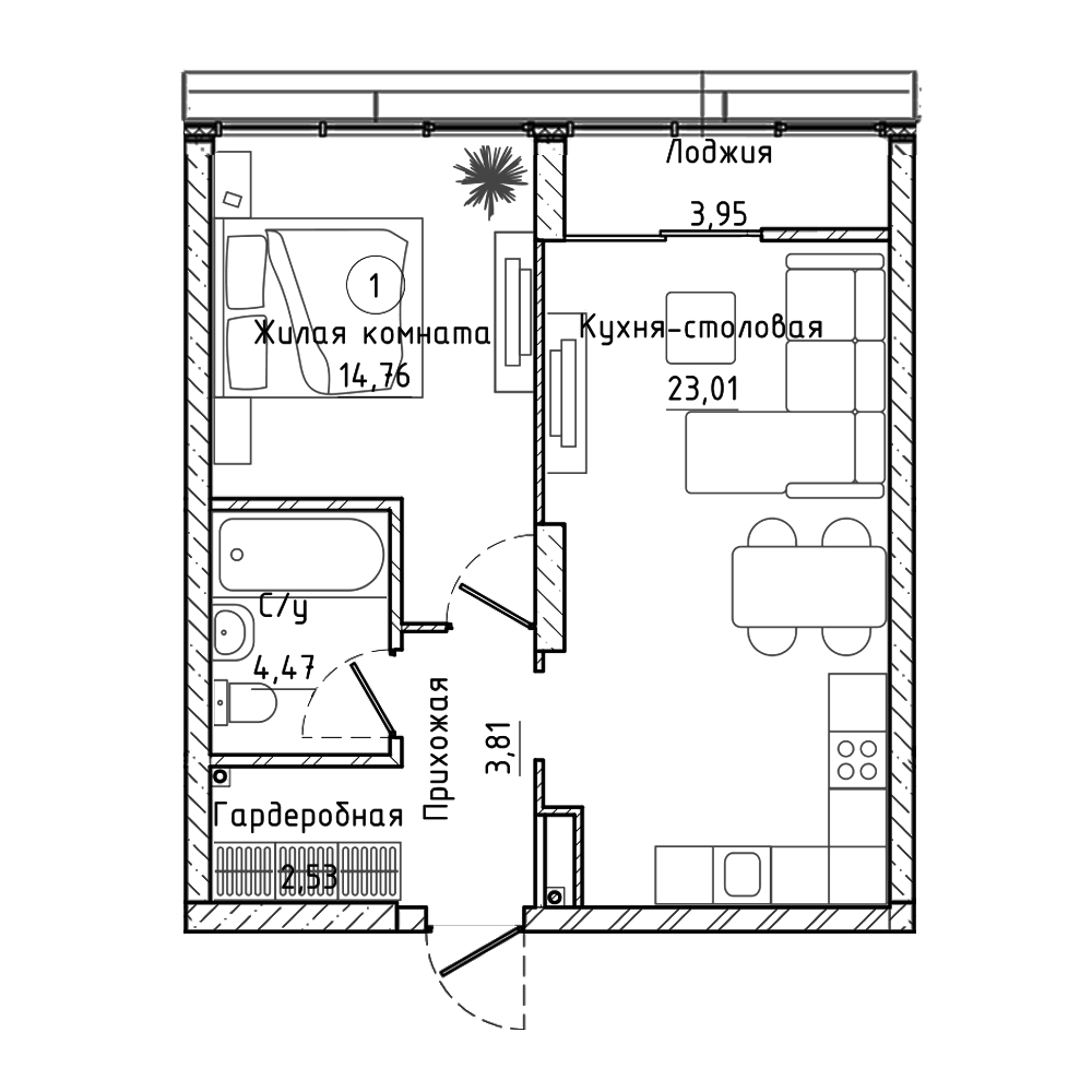 Планировка 1-к.кв, 50.2 м² в ЖК ЖК Clever Park